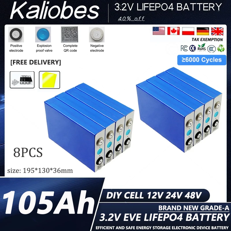 8 stuks gloednieuwe EVE 3.2 v 105Ah LifePo4 batterij hoge afvoer voor diy 24 V 48 V Omvormer Elektrische Voertuig c oach golfkar