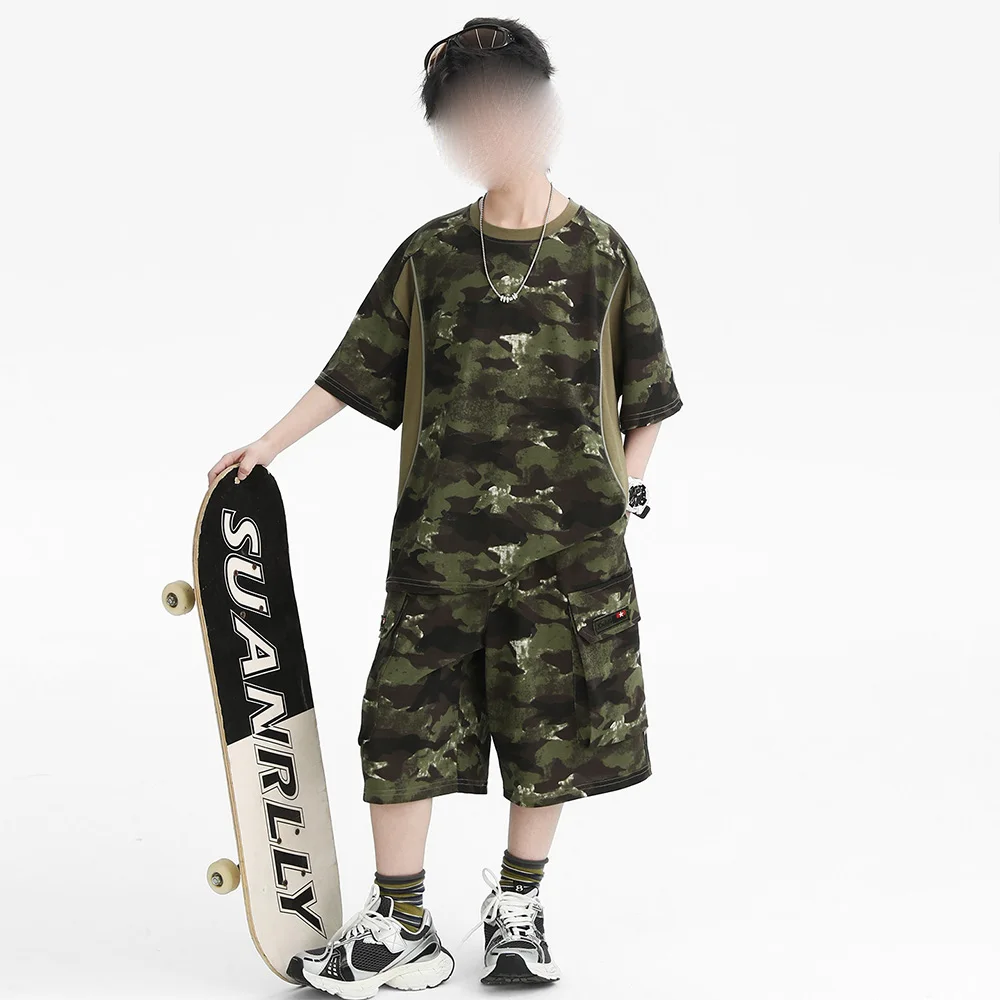 Kids Camo Short Sleeve Sport Suits 2026 New Summer Military Clothing Set Children Thin Cargo Outfit Trendy Tactical Tracksuits