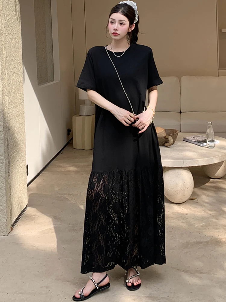 NYFS 2025 الكورية نمط المرأة فستان صيفي فضفاض حجم كبير كم قصير المرقعة هيم الدانتيل فستان طويل رداء Elbise