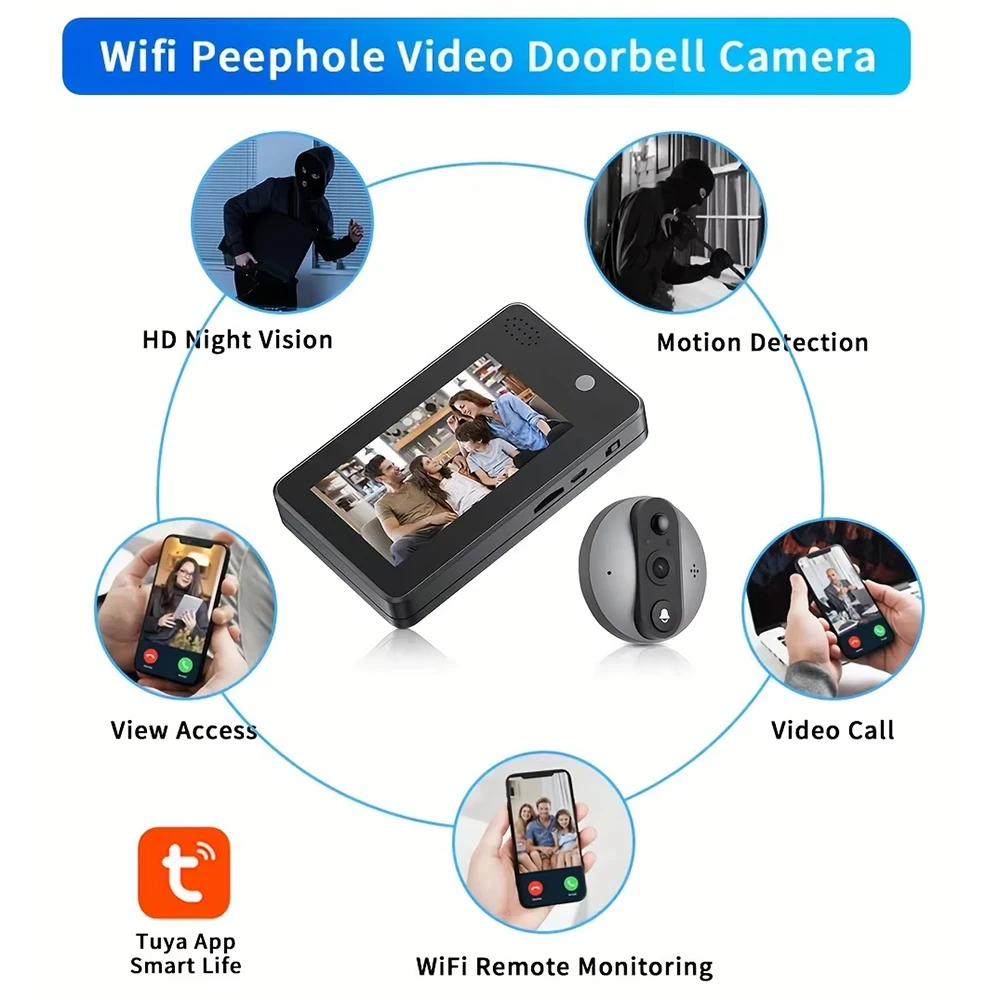 3MP Smart Life Tuya 1080P WiFi Door Bell Eye Peephole Camera 5000mAh Battery PIR Motion Detector IR Alexa Google Digital Viewer