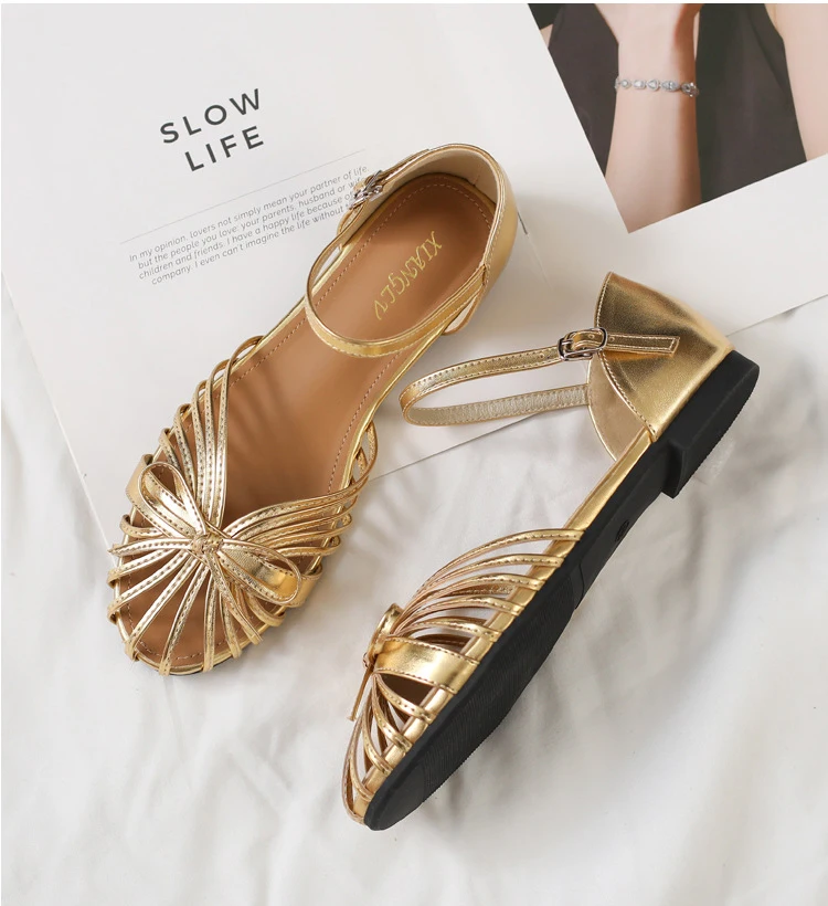 ZAROY Summer Women Flat Sandals Single Strap Hollow Out Gladiator Roman Shoes Pretty Bowtie Sandalias Casual Street Footwear