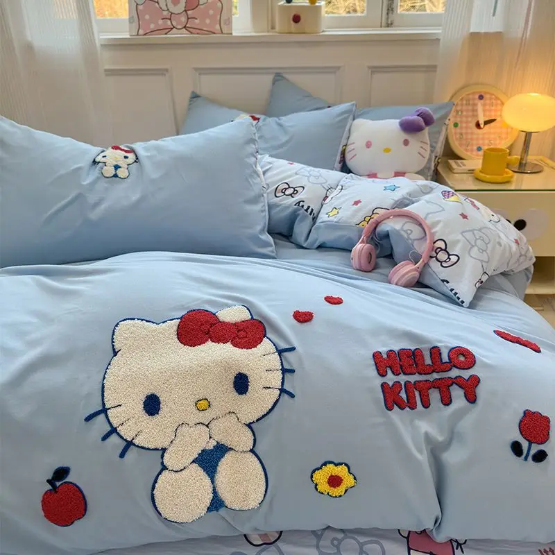Sanrio Hello Kitty cartoon cute anime character cotton bed sheet duvet cover four-piece kawaii student dormitory three-piece set