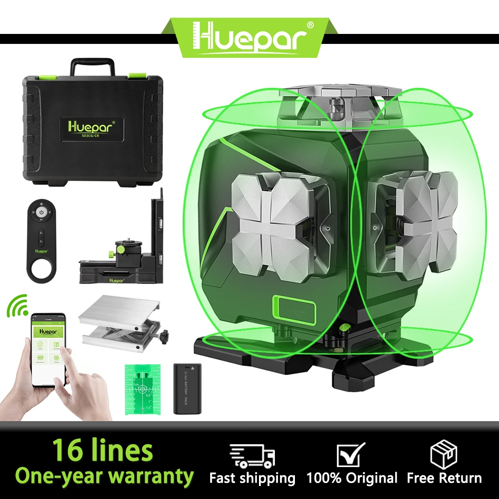 Huepar S04CG 16 linee Livello laser a linee incrociate 4D Funzioni Bluetooth e telecomando Linee a raggio verde con custodia rigida