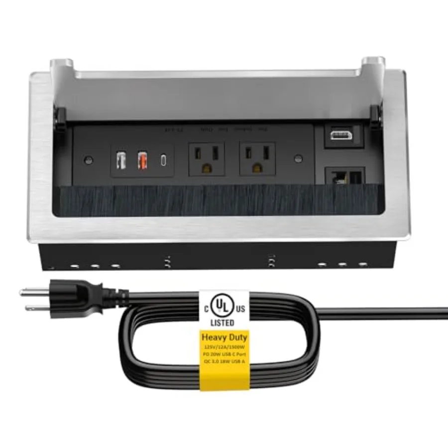 Conference Table Power Hub Outlet Multimedia Connectivity Box with 1 HDMI + 1 RJ45 + 20W USB C + 2 USB A + 2 AC Outlets Heavy D