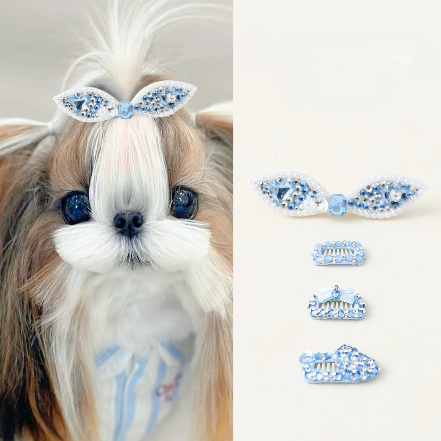 Light Blue Series Puppy Dog BB Hairpins Fine Crystal Heart Bow Hairwear For Small Medium Dog Yorkshrie Pet Hairclips Accessories