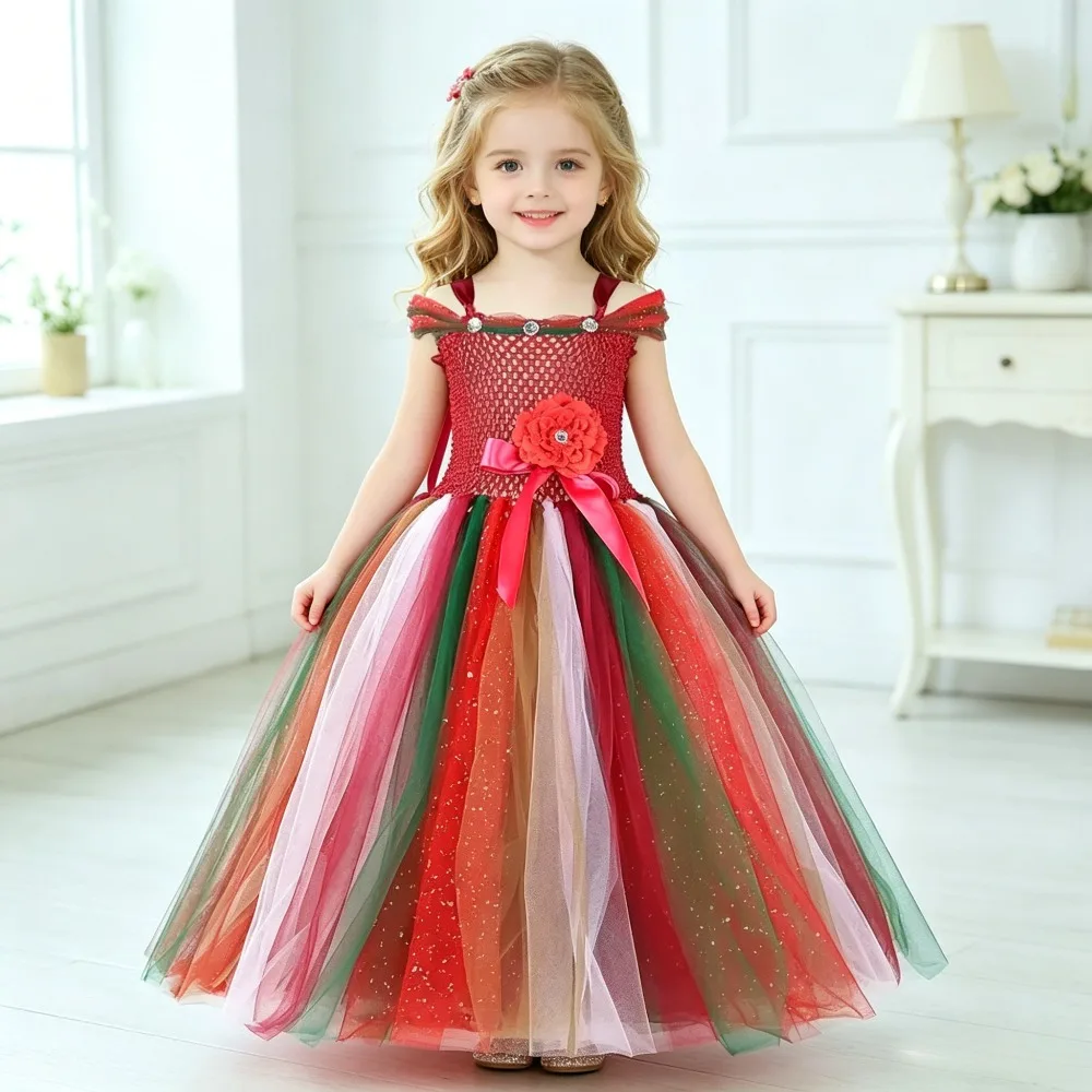

Elegant Princess Gown for Kids' Birthday Parties,Colorful Long Tutu Dress for Girls in Autumn, Halloween Stage & Party Dress