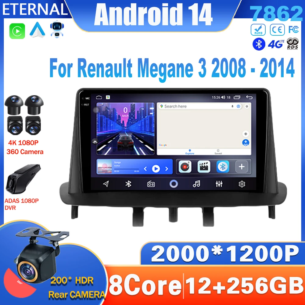 Android 14 Car Radio For Renault Megane 3 2008 - 2014  Multimedia Video Player Navigation  Head Unit NO 2Din DVD 4G Carplay WIFI