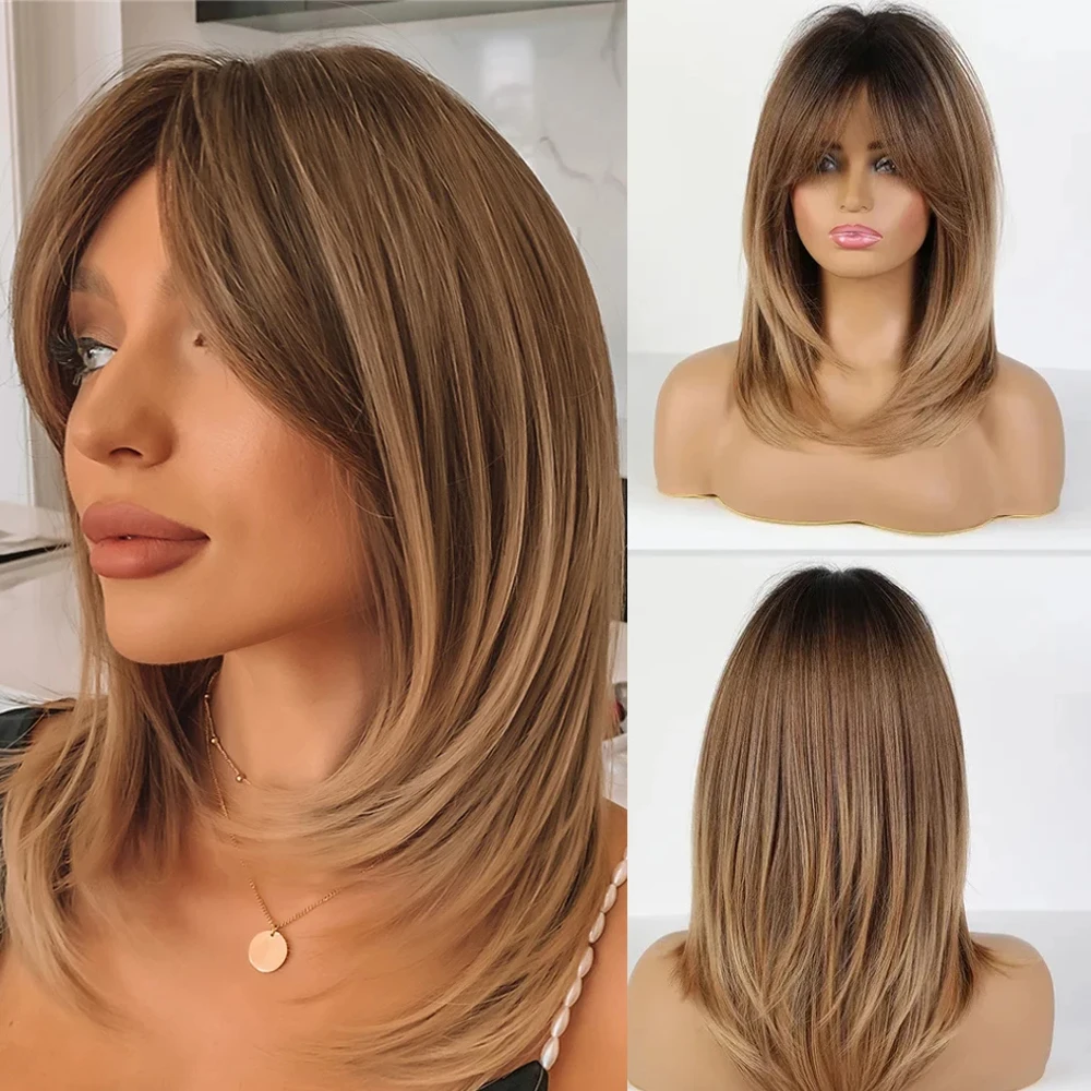 Brown Ombre Synthetic Middle Long Straight Wig with Bangs Dark Root Natural Looking Hair Wig for Women Afro Daily Heat Resistant