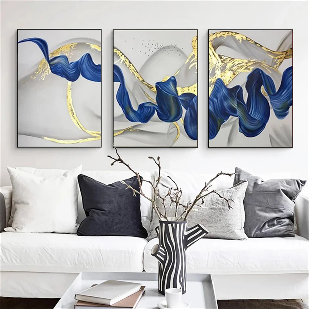 3 Panels Abstract Blue Gold Wave Canvas Painting Poster and Print Wall Art Pictures for Living Room Modern Home Decor Artwor