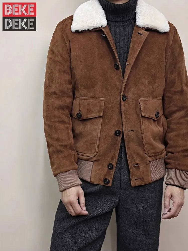 

Мужская итальянская ручная работа из натуральной кожи с подкладкой, теплое пальто с воротником из хлопка и шерсти на подкладке, повседневная роскошная короткая кожаная куртка из натуральной замши