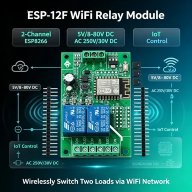 ESP8266 ESP-12F 2-Ch Relay Board, AC 250V/30V DC 10A, 5-80V Power, Wireless Switch for Smart Home