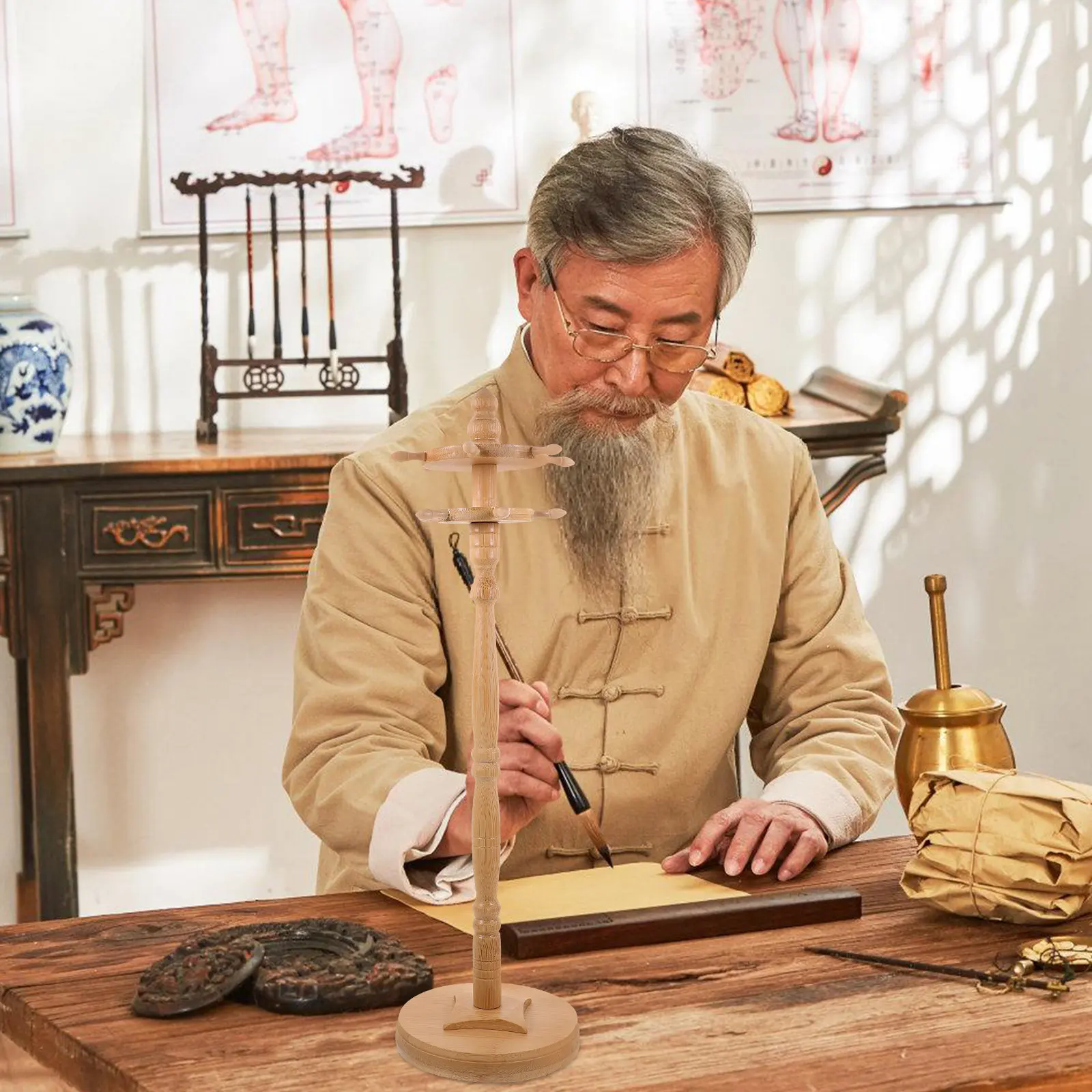 

1 шт. Подставка для кистей из бамбука ручной работы, гладкая отделка, круглая, для чернильных кистей, многофункциональный настольный декор, аксессуар для письма