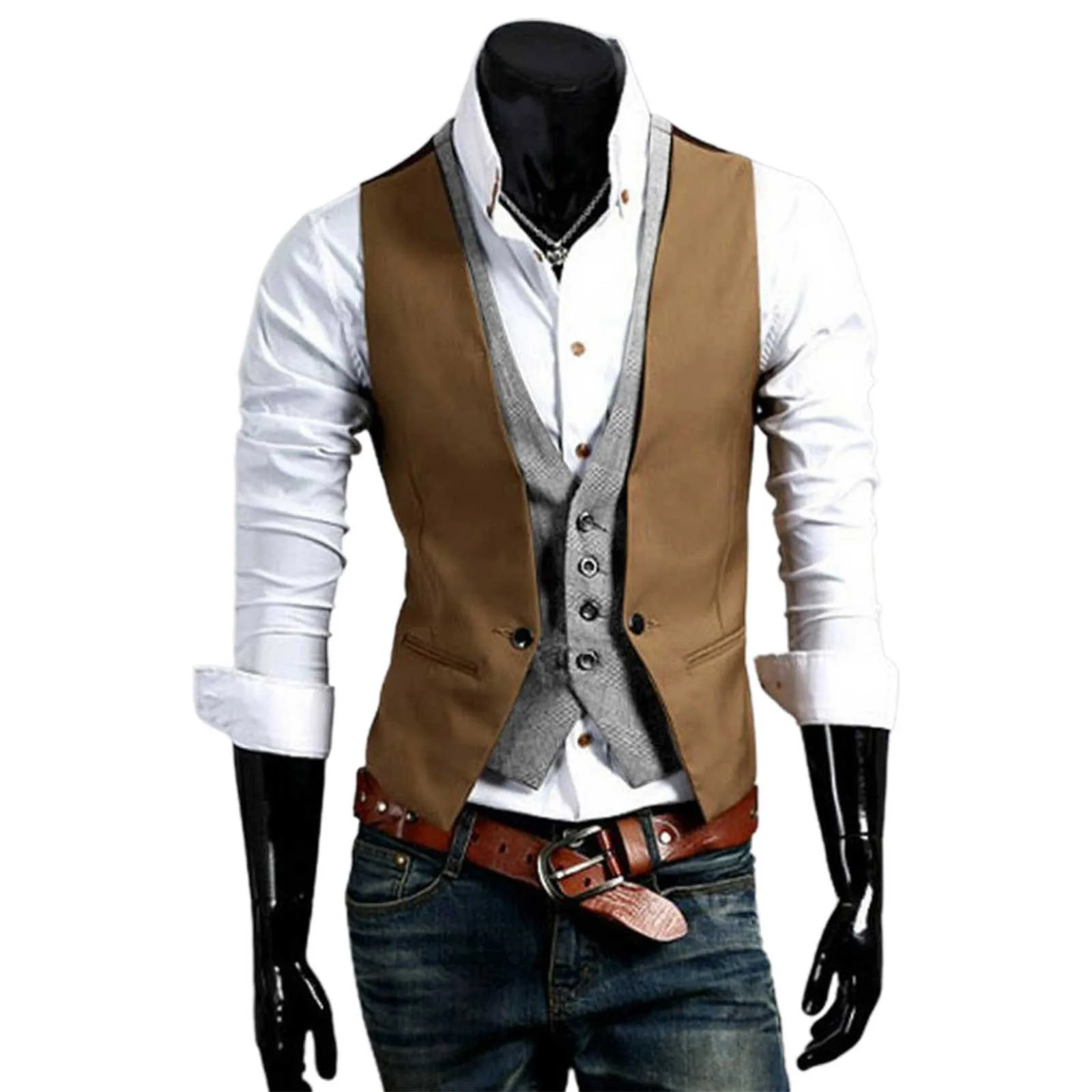 Men\'s Business Leisure Wedding Holiday Two Piece Vest V Neck Sleeveless Slim Jacket Two Piece Mens Big And Tall Light Jackets