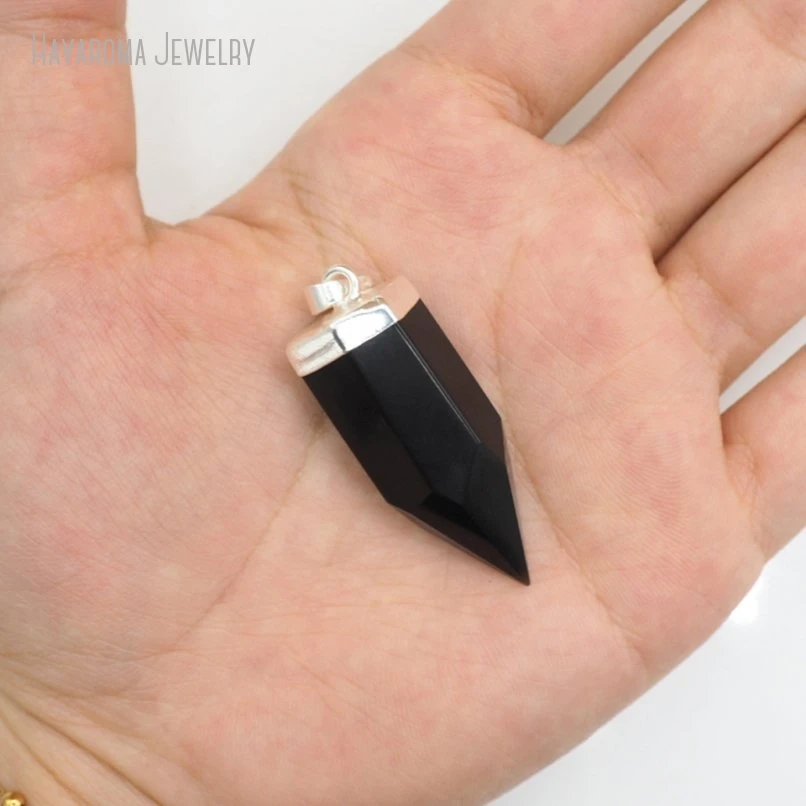 10Pcs Semi-precious Stone Obsidian Silver Color Crystal Pillar Hexagon Hexagonal Prisms Point Wholesale Pendant PM50865