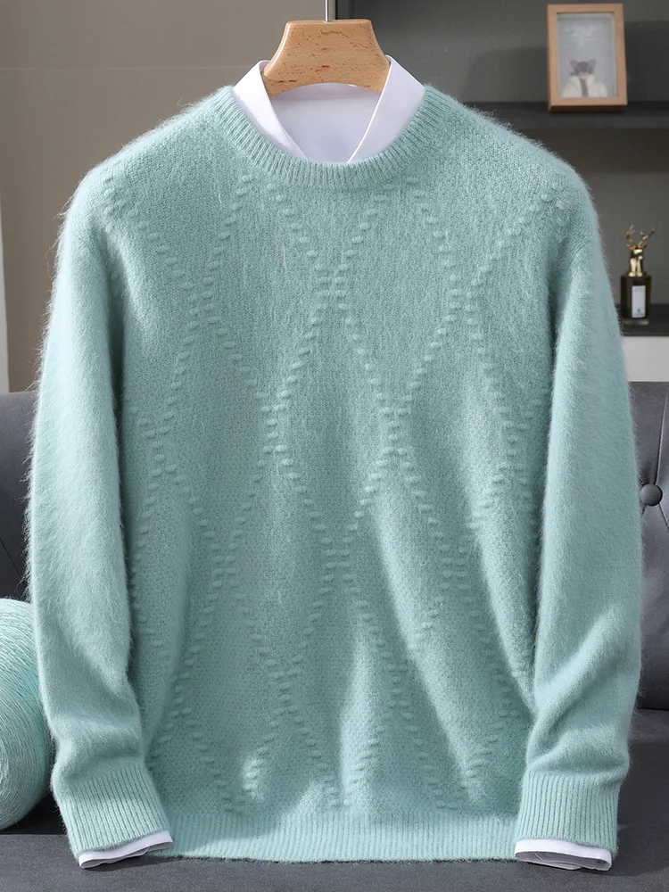 

100% Mink Cashmere Pullover Men's Round Neck Thickened Autumn Winter Casual Fashion Knitted Long Fur Sweater
