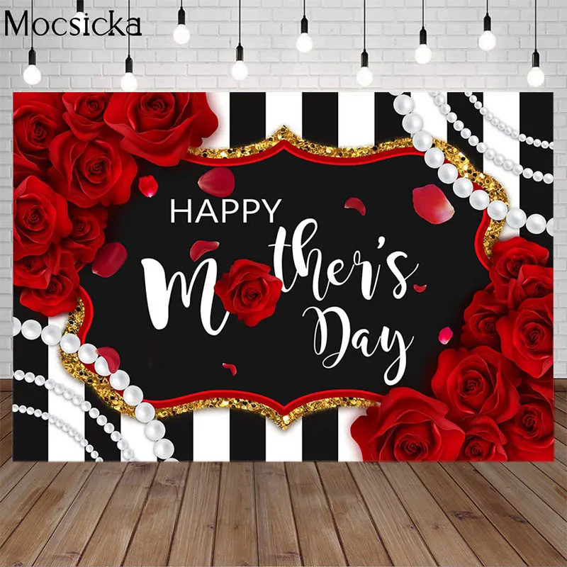 

Happy Mothers' Day Photography Backdrops Rose Pearl Black And White Grid Decoration Mother Party Bridal Shower Photo Background