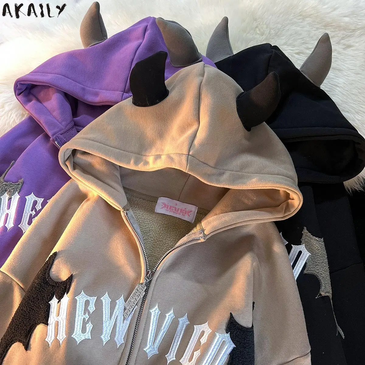 

Akaily Y2K Devil Embroidered Hoodie Women Casual Retro Loose Long Sleeve Hooded Sweatshirts Couple Autumn Winter Zip Up Hoodies