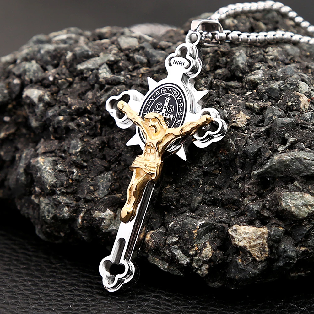 Vintage Christian Jesus Cross Pendant Necklace Men's Stainless Steel Religious Jesus Necklaces Prayer Baptism Jewelry Wholesale