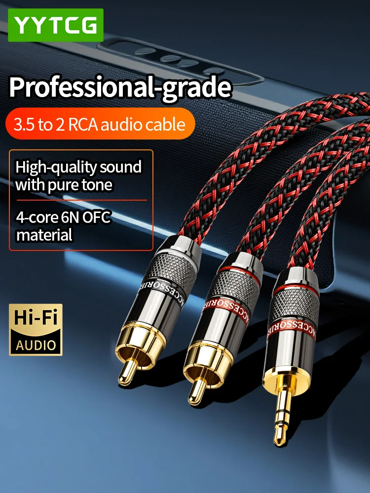 YYTCG câble audio haut de gamme 3.5mm double canal à 1/2 RCA double tête de lotus pour connexion d'ordinateur aux équipements audio