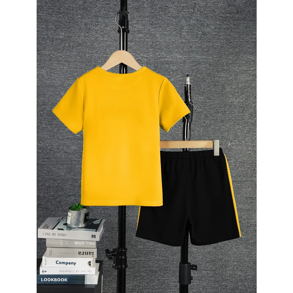 2Pcs Boys Casual Outfit Color Block Short Sleeve T-shirt & Shorts Set, Comfy Summer Kids Clothes 8 Colors for Age 7-15Y