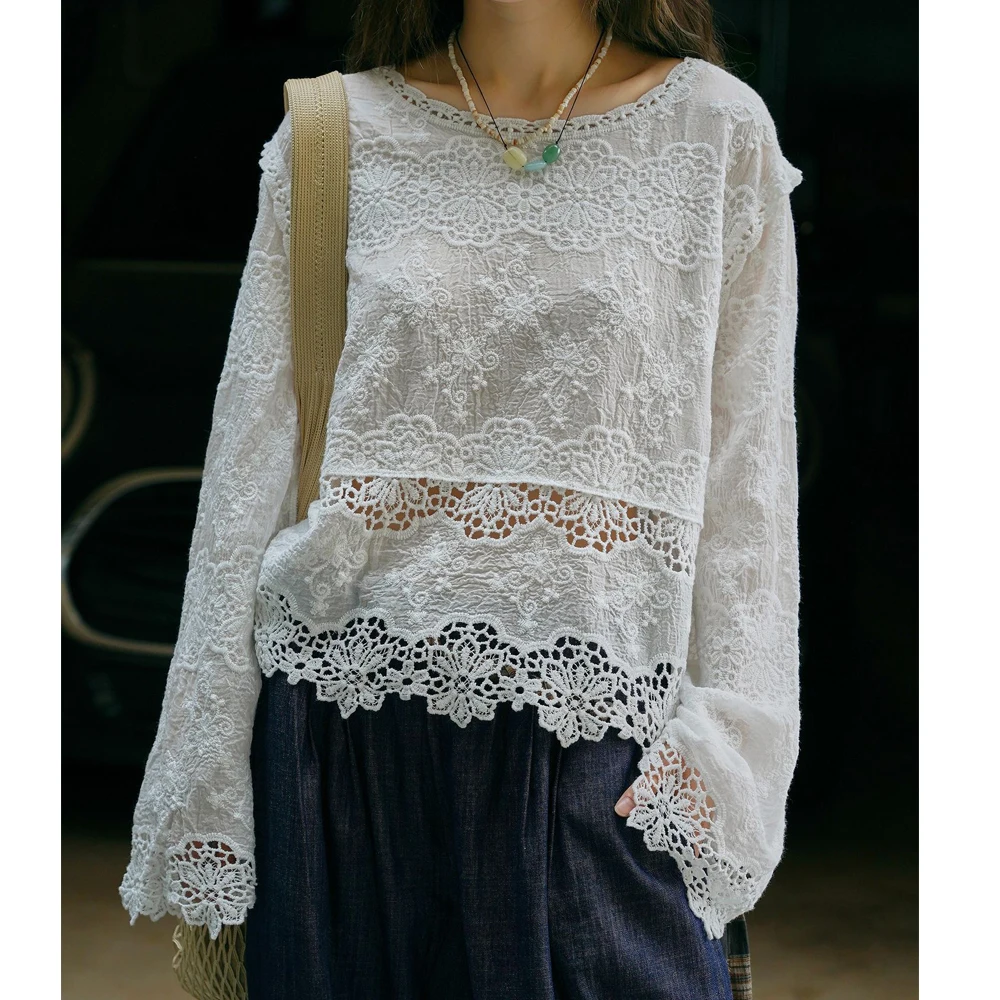 

Women Summer Cotton Blouses Lace Crochet Hollow Out Long Sleeve Elegant White Two Color Tops For Women Shirts Good Quality
