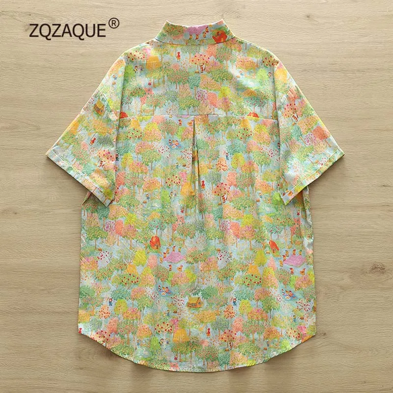 Korean Fashion New Colorful Cotton Shirts Tree Printing Short Sleeve Shirt Women\'s Loose All-match Top Wholesale Retail S060