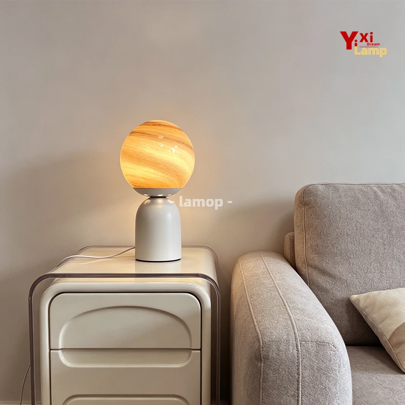 Planet Pattern Glass Table Lamp USB Powered Bedside Night Light Blue Swirl Globe Desktop Ambient Light for Bedroom Home Decor