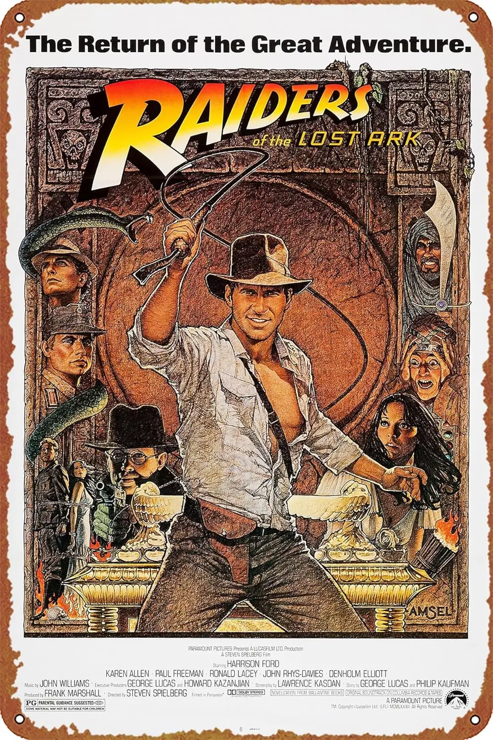 Póster de película INDIANA JONES AND THE RAIDERS OF THE LOST ARK, letrero de metal Retro, letrero de estaño adecuado para cafetería, bar, decoración de pared del hogar