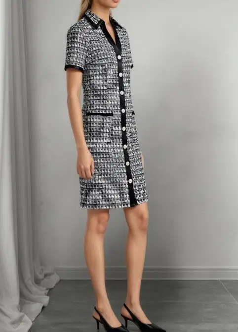Letnia klasyczna sukienka we wzór szachownicy z żakardowej wełny, z kobiecią elegancją, unikalnym designem, łączona skórą, dopasowana sukienka.