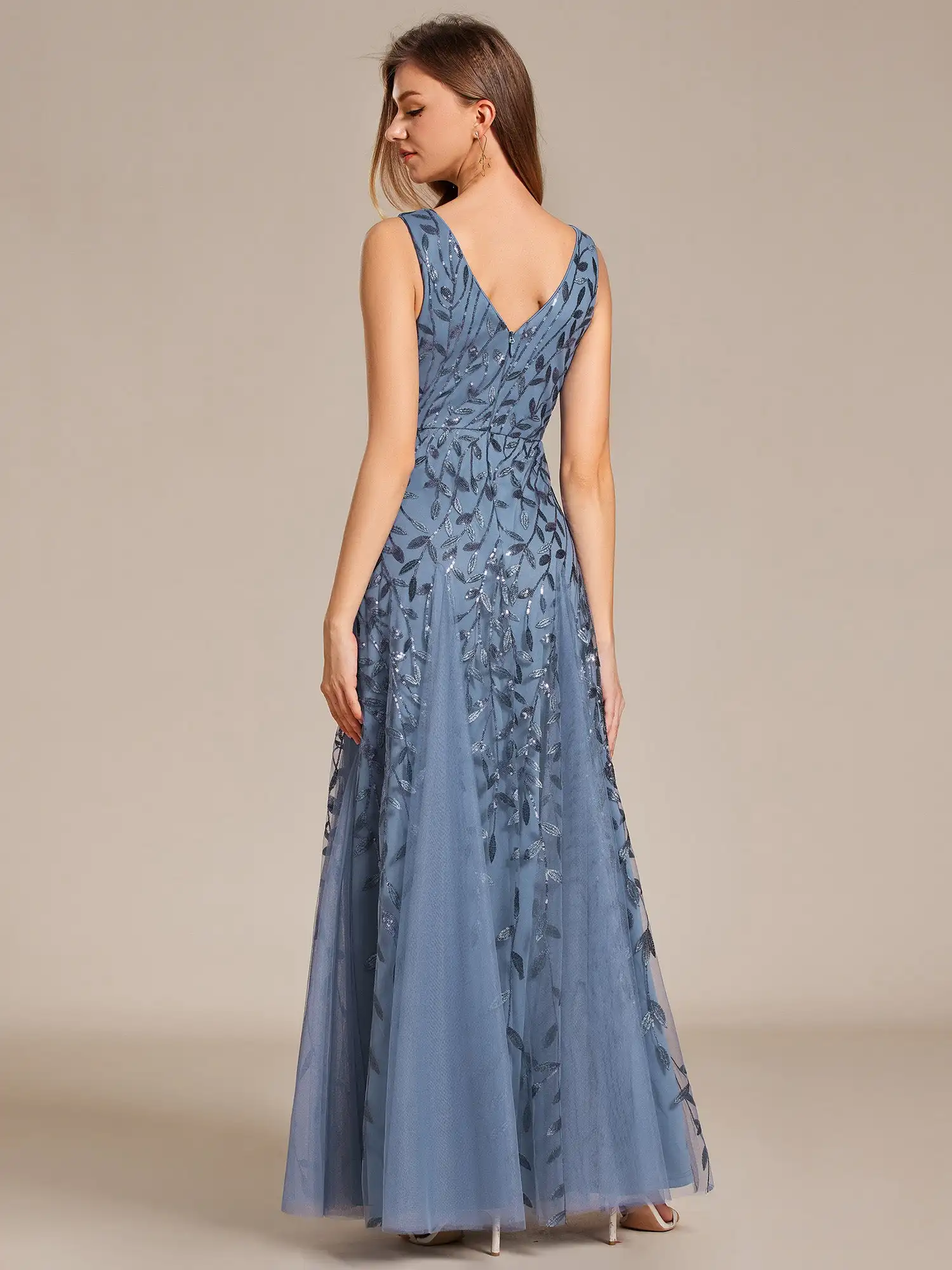 Elegant Evening Dresses Deep V-neck Sparkling Sleeveless Leaf 2024 Ever Pretty of Sequin A-Line Dusty Navy Bridesmaid dress