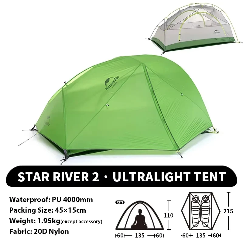 Naturehike Star-River Ultraleichtes wasserdichtes Zelt für 2 Personen, 4 Jahreszeiten, Outdoor-Reisen, Wandern, Angeln, Zelt, doppellagiges Zelt