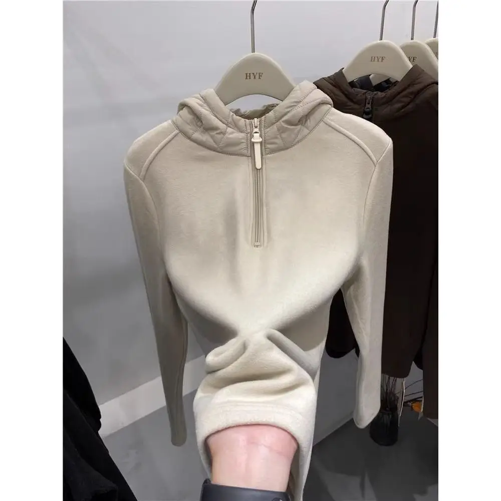 Double-Sided Fleece Patchwork Hoodie Women's Autumn Winter Slimming Warm Half Zipper Top Polyester Fabric Standard Fit Long S...