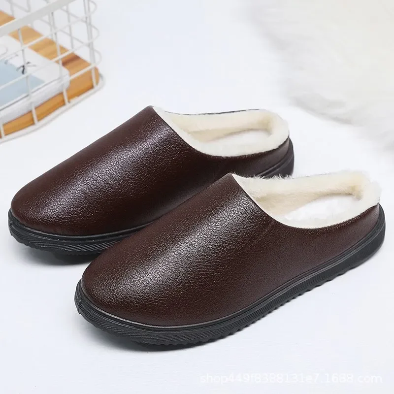 2023 Winter Men's Indoor Slippers Padded and Thickened Warm Cotton Shoes Men's Slippers PU Surface Waterproof Ciabatte Uomo