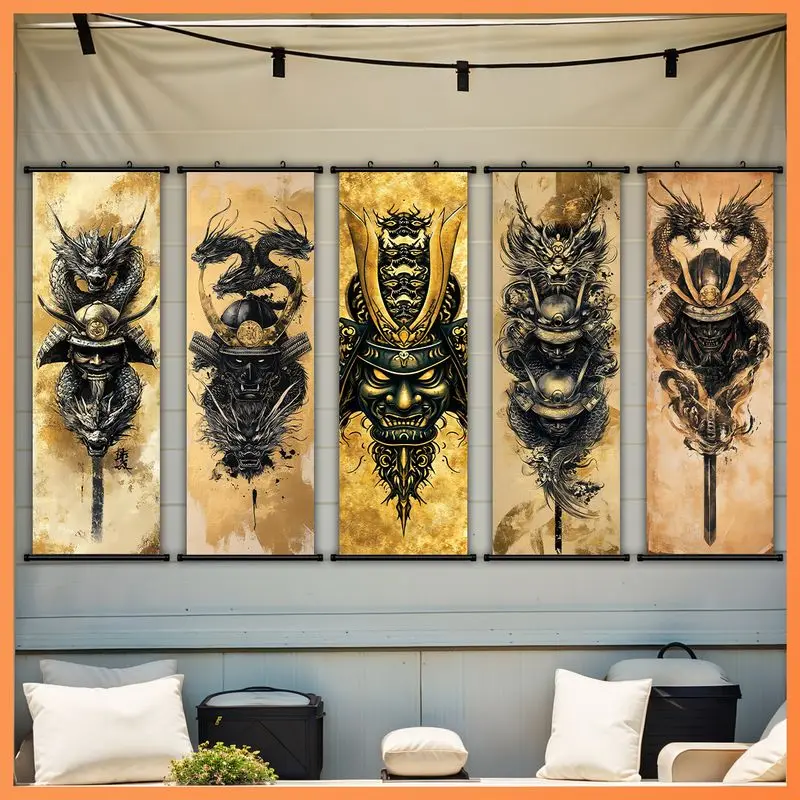VIKAMA Black Gold Samurai Dragon Hanging Scroll Set Warrior Helmet Poster Vertical Wall Art for Living Room Bedroom Decor
