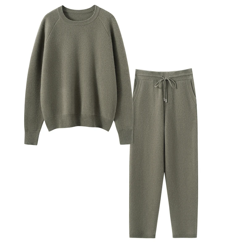 

Autumn Winter Women New Pure Cashmere Suit O-neck Pullover Sweater High Waisted Ankle-Length Pants Two-piece Set High Quality