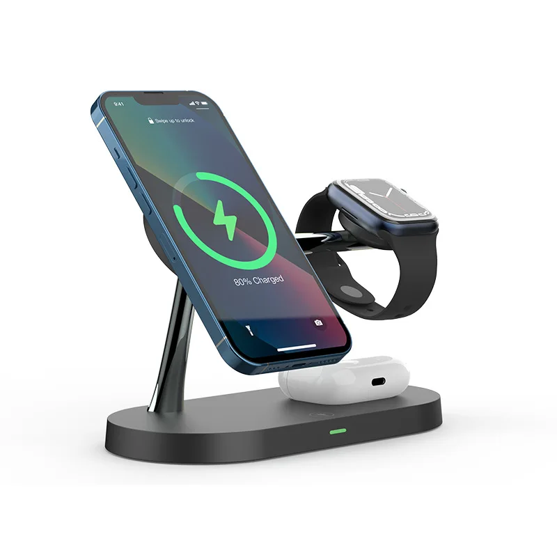 Aulidtech 5 in 1 Magnetic Wireless Charger Stand 15W for  Iphone 12 13 14 Apple Watch 9 8 7 6 5 Airpods 2 3 with lamp Wholesale