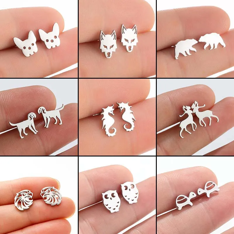 Mini Cartoon Stainless Steel Owl Eaglr Earring for Women Bear Seahorse Ear Jewelry Girls New Years Multiple Animal Earrings Gift
