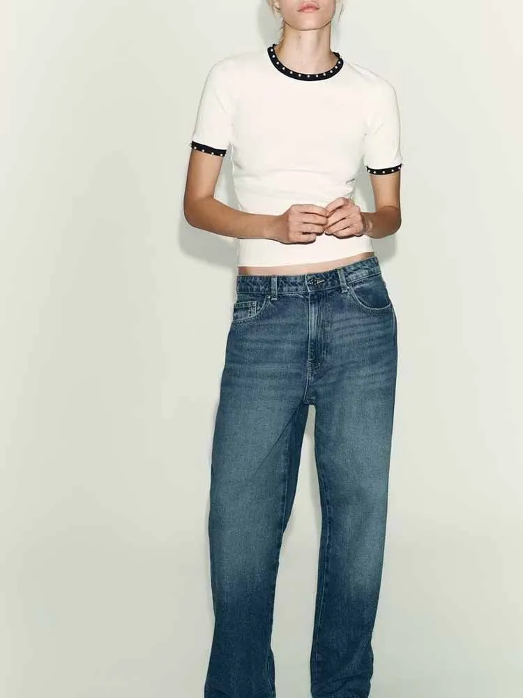 

European and American style winter new arrivals fashionable women's clothing design versatile artificial pearl warp knit T-shirt