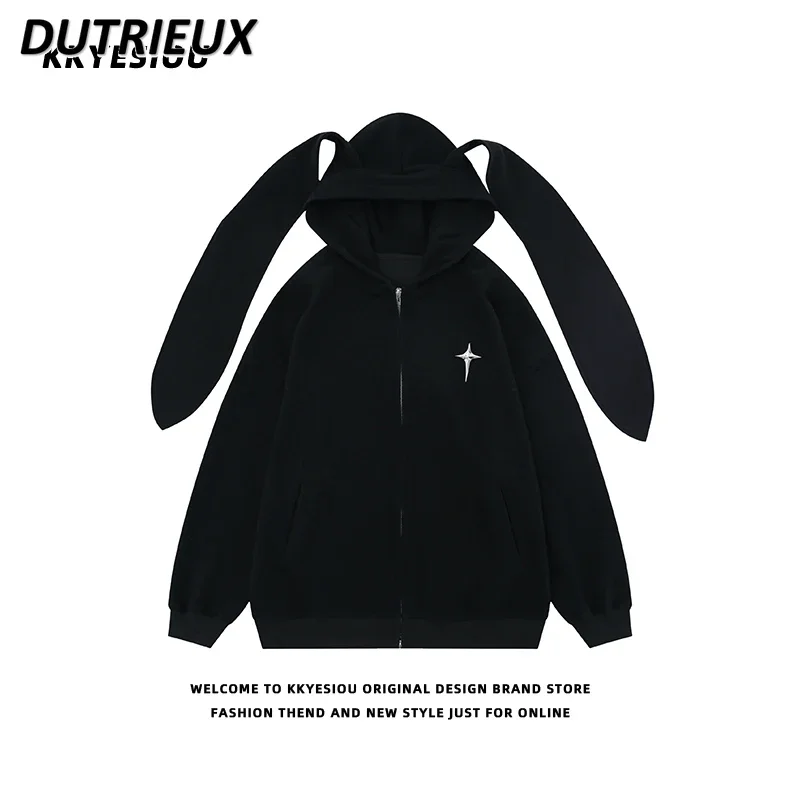 Japanese Style Design Rabbit Ears Hoodie Coat Women Autumn and Winter New Men and Women College Style BF Zipper Sweatshirt Coat