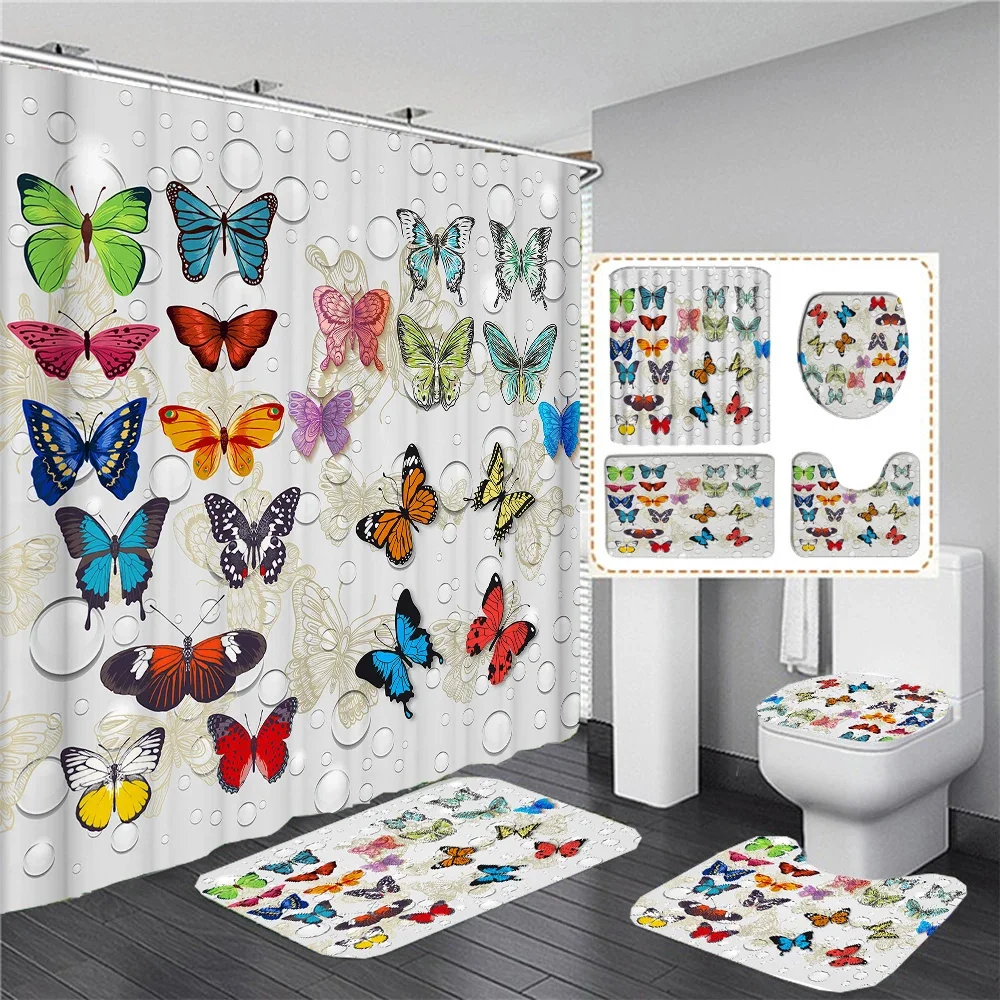 

Butterfly Pattern Shower Curtain set Bathroom non-slip Carpet Toilet seat mat Shower Curtain Bathtub Curtain Bathroom Decoration