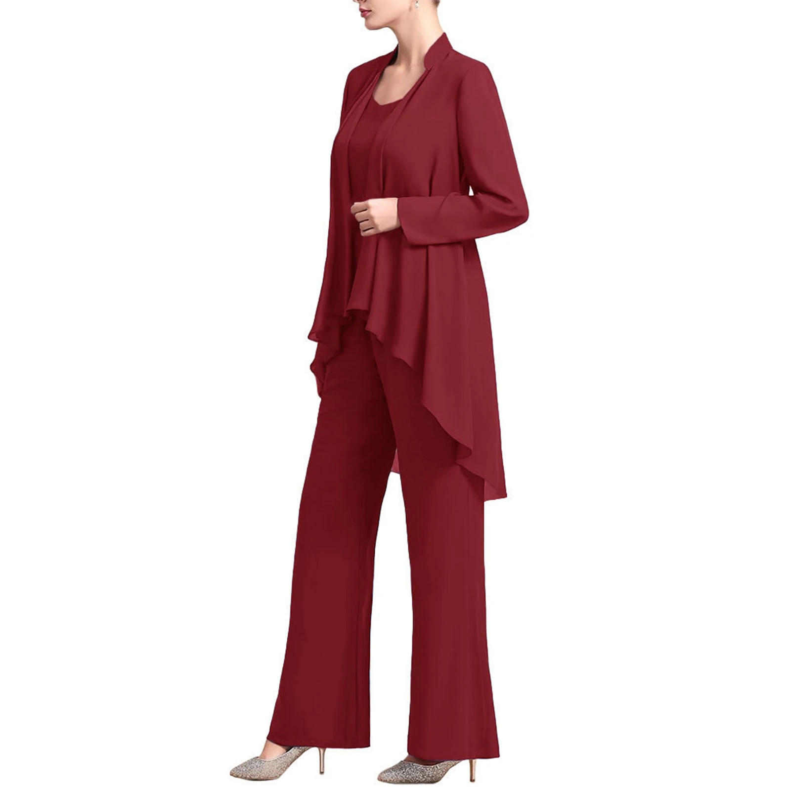 Womens Elegant Chiffon Party Suit Round Neck Tank Top Long Sleeve Open Front Cardigan And Long Pants Solid Color 3-Piece Set