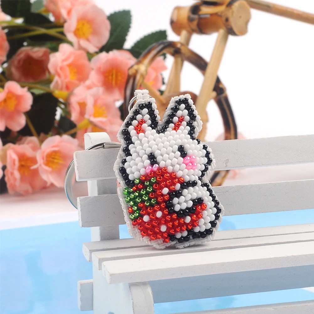 Full Bead Embroidery Keychain Strawberry Bunny Printed Keyring Cross Stitch Kits