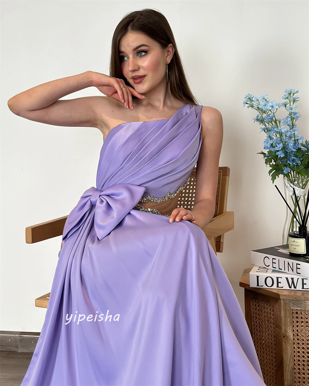 Prom Dress Saudi Arabia Prom Dress Satin Beading Bow Christmas A-line One-shoulder Bespoke Occasion Dress Floor Length