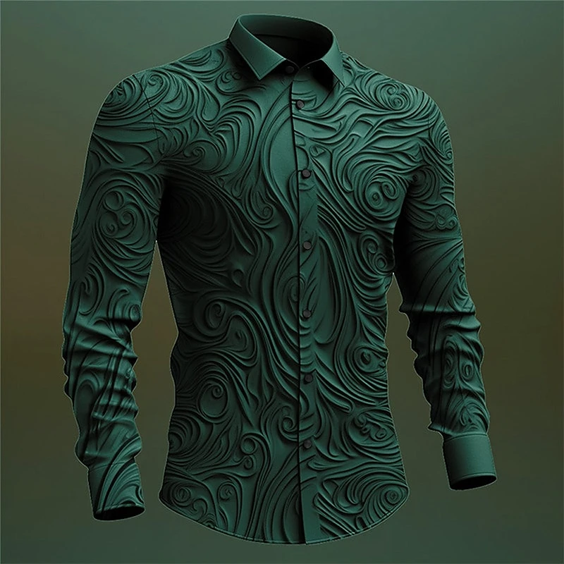 Fashion Relief Sculpture Graphic Shirts Trend Spring Autumn Mens 3D Printed Long Sleeve Shirt Loose Streetwear Lapel Blouse Tops