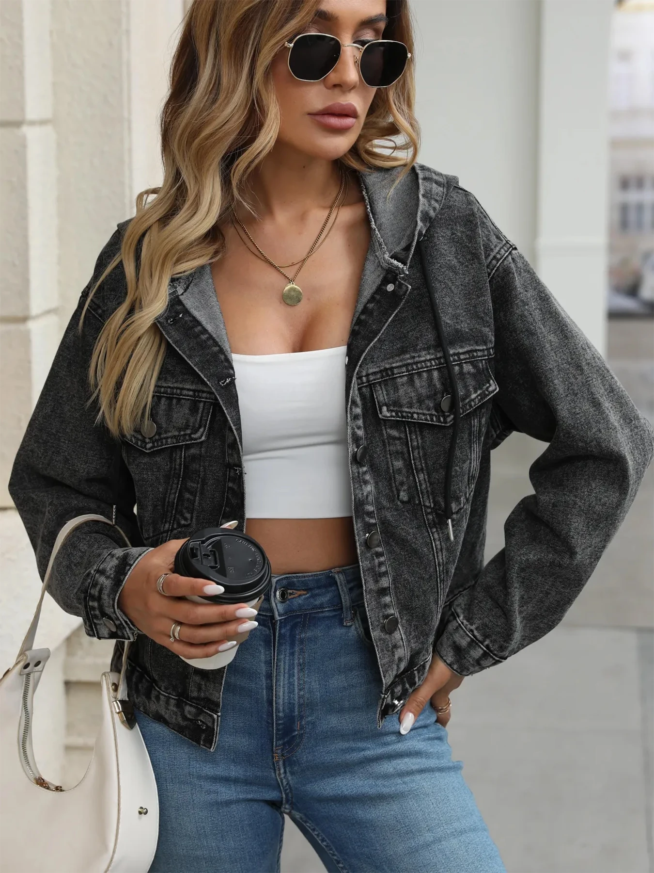 Plus Size Women's Black Gray Hooded Denim Jacket, Lapel Long Sleeve Drawstring Cropped Jacket, Casual Versatile Commuter Top