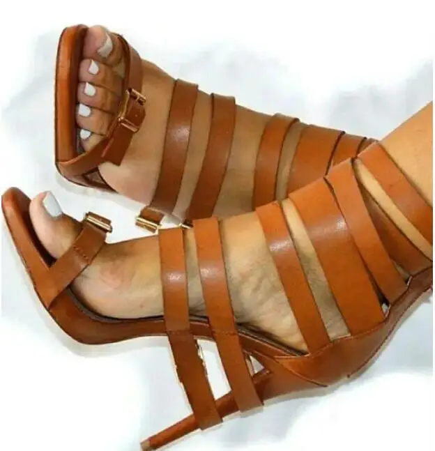 Summer Women Brown Leather Buckle Straps Fasten Heels Sandals Gladiator Thin Heels Cutout Sandalias Outfit Woman Footwear