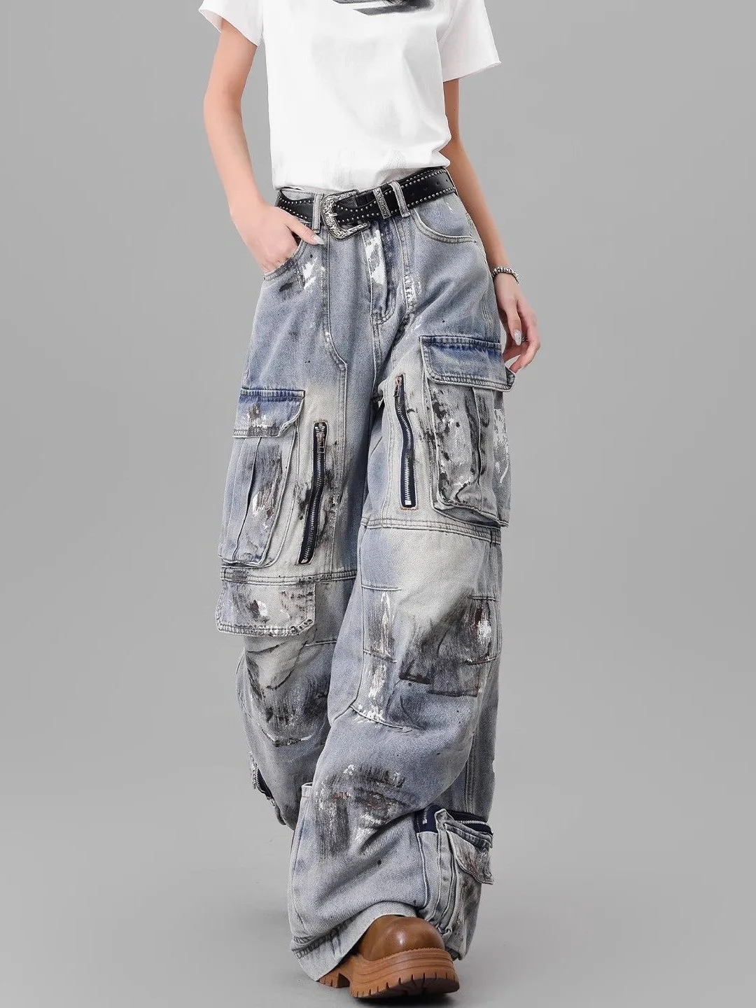 Plones Vaqueros de Trabajo para Hombre, Estilo Retro Americano, Resistentes, con Múltiples Bolsillos, Estilo fiti, Pi...