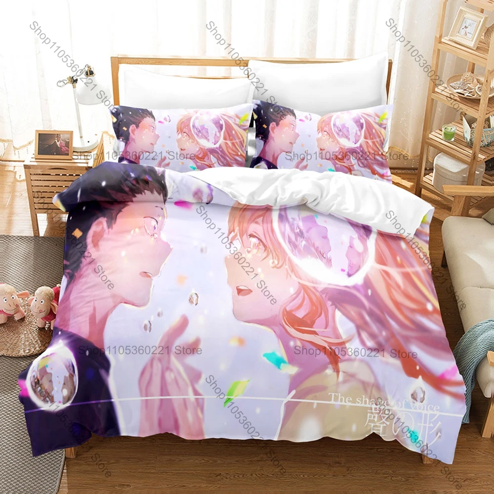 The Shape of Voice A Silent Voice Duvet Cover + 2 Pillowcases Shoya Shoko Anime Polyester Bedding Bedroom Decor