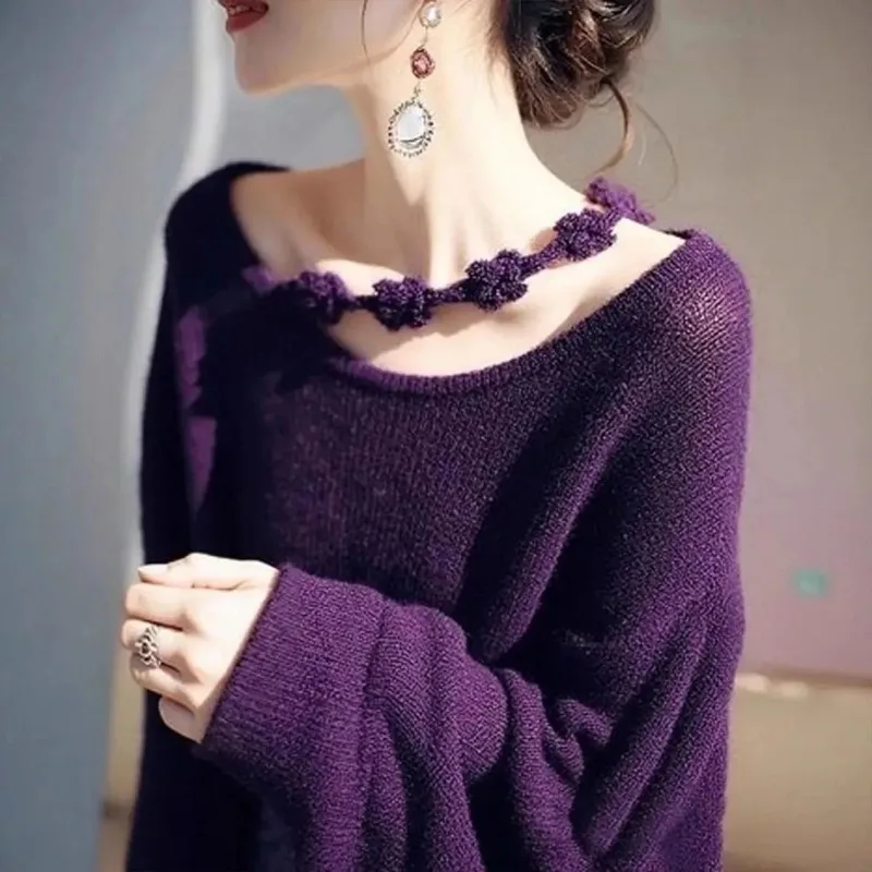 

Women Clothing Spring Autumn Fashion Korean Hollow Out Solid Color Knitting Slash Neck Female Temperament Long Sleeve Cardigan