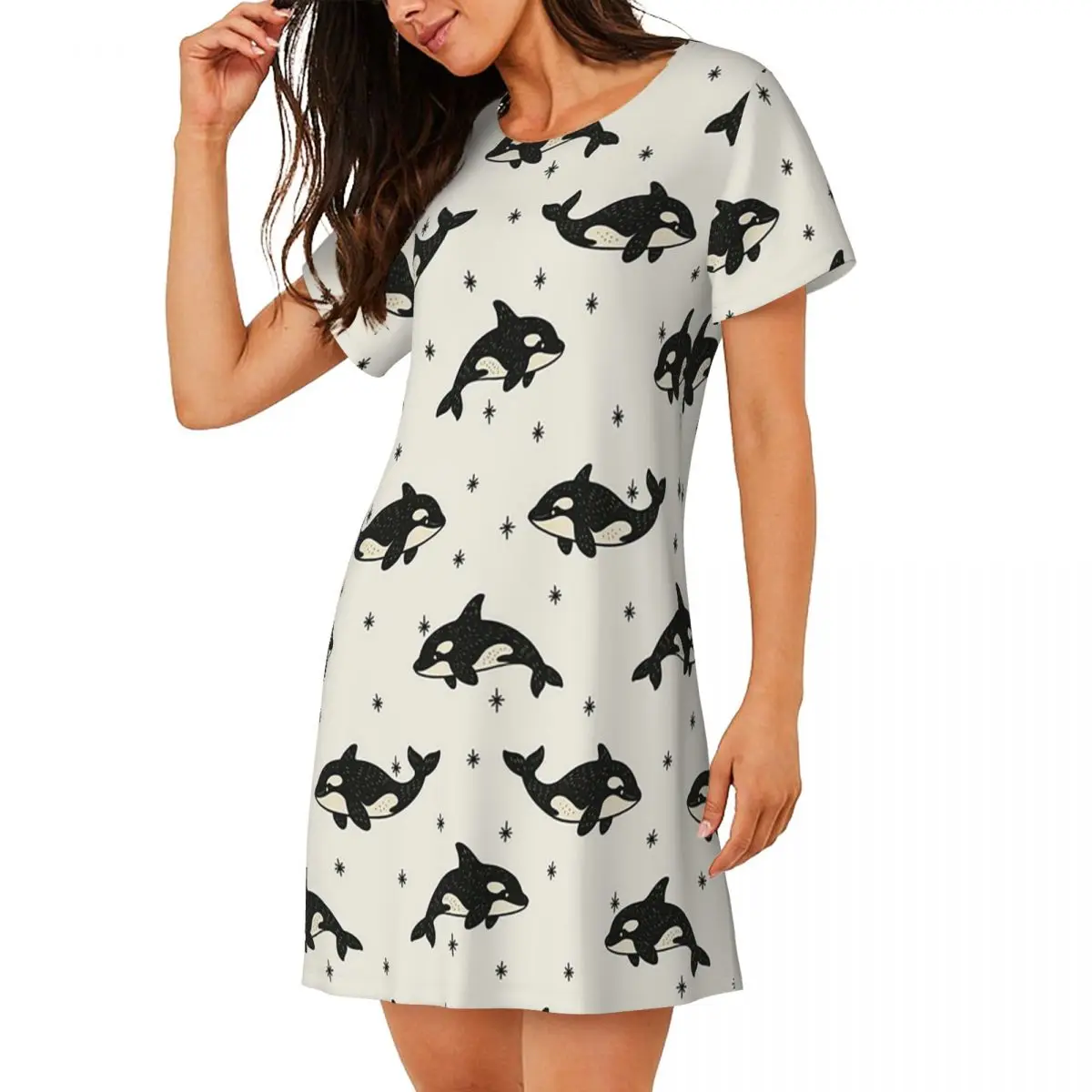 Killer Whale Orca Pattern Short Sleeves Nightdress For Sleeping Sleepshirts Women Short Sleeve Nightgowns Soft Pajama Dress